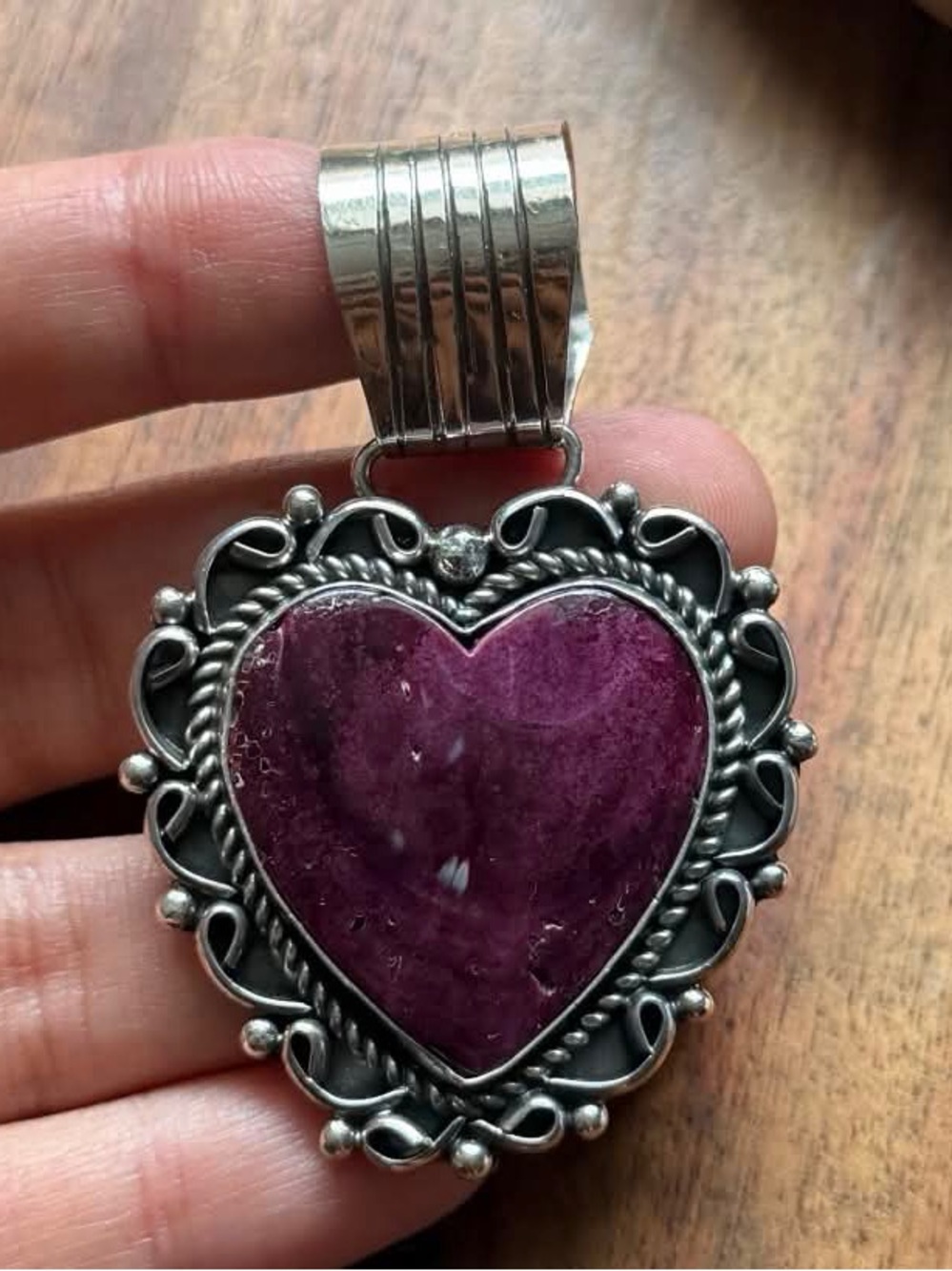 Native American Navajo Sterling Silver Purple Spiny Oyster Heart Pendant CY